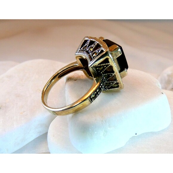 Vintage Marcasite Black Onyx Sterling Silver Ring Sz 6.75 - Picture 7 of 9